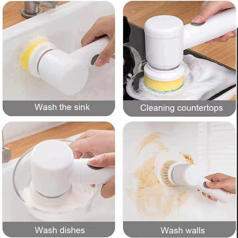 Turbo Spin Scrub Master, brosse électrique blanche à tête rotative et embout circulaire jaune remplaçable.