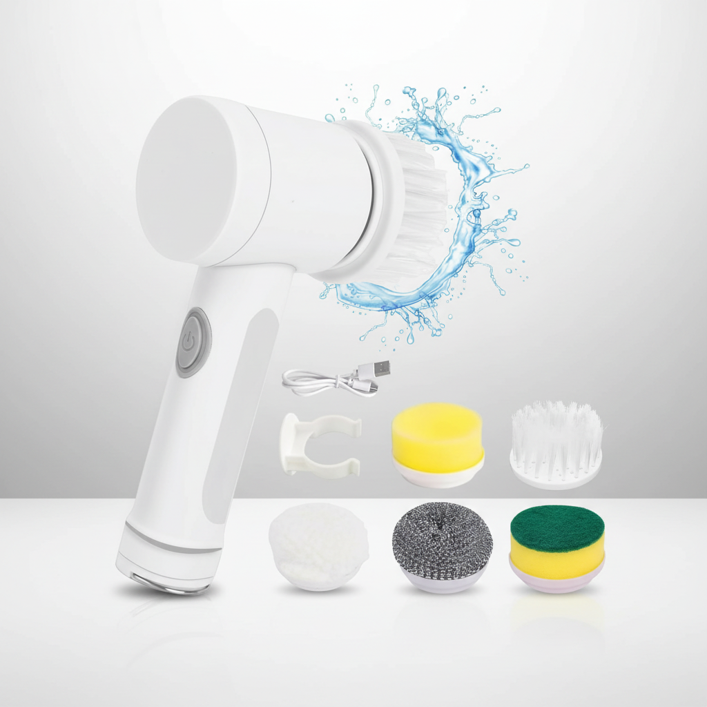 Turbo Spin Scrub Master blanc en plastique, brosse rotative et cinq embouts interchangeables de nettoyage polyvalents