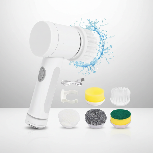 Turbo Spin Scrub Master blanc en plastique, brosse rotative et cinq embouts interchangeables de nettoyage polyvalents