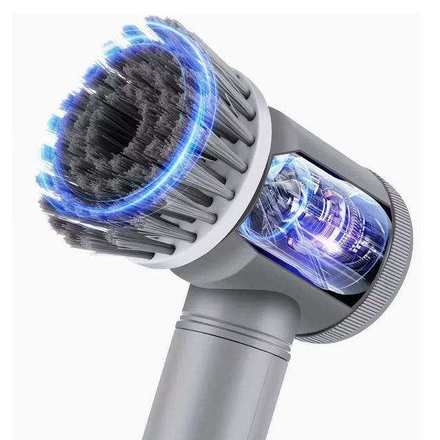 Turbo Spin Scrub Master, brosse électrique rotative grise en plastique avec tête à poils noirs et lumière bleue